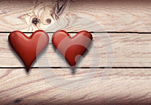 Two Hearts on Wooden Background. Valentine Day, Wedding Love Concept