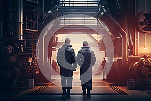 Two heavy industry engineers stand in a pipe factory. Construction of a pipeline for the transportation of oil, gas and