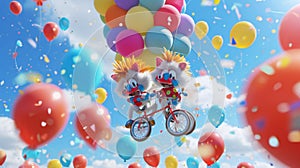 Two hedgehogs dressed as clowns struggling to ride a unicycle made out of balloons as they zigzag through the parade