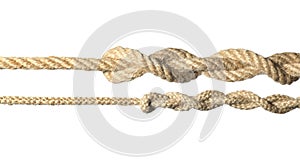 Two hemp ropes with knots isolated on white