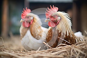 two hens cluck near a pile of hay