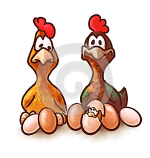 two hens with eggs and chicken - cartoon color illustration