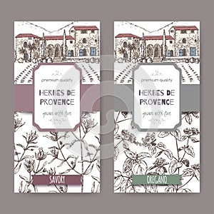 Two Herbes de Provence labels with cottage, savory and oregano.