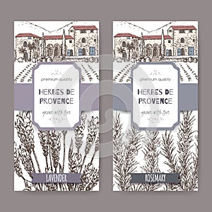 Two Herbes de Provence labels with mansion, lavender and rosemary