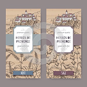 Two Herbes de Provence labels with town, mint, sage sketch.