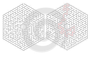 Two hexagonal mazes one solved with a red line path
