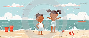 Two hHappy kids playing on the beach. Summer, vacation, sun, happiness. Flat illustration for web