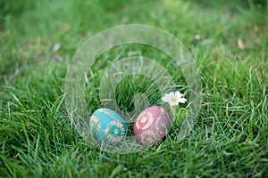 Two Hidden in the grass Easter eggs, which are painted in different colors