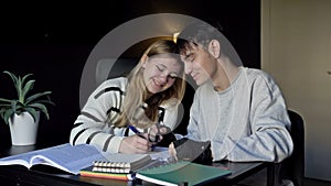 Two high school students, a boy and a girl, prepare for college lectures together. At the same time, teenagers listen to