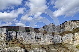 Two high top of Lakatnik rocks with monument and cross, Iskar river defile, Sofia province