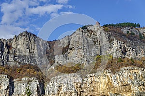Two high top of Lakatnik rocks with monument and cross, Iskar river defile, Sofia province