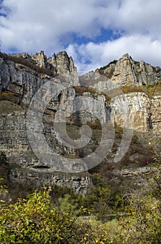 Two high top of Lakatnik rocks with monument and cross, Iskar river defile, Sofia province