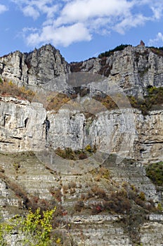 Two high top of Lakatnik rocks with monument and cross, Iskar river defile, Sofia province