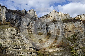 Two high top of Lakatnik rocks with monument and cross, Iskar river defile, Sofia province