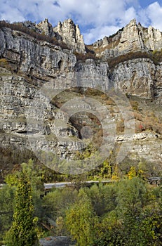 Two high top of Lakatnik rocks with monument and cross, Iskar river defile, Sofia province