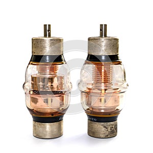 Two high voltage vacuum capacitors. Glass vacuum capacitor insulated, powerful. Medium high voltage variable capacitance vacuum