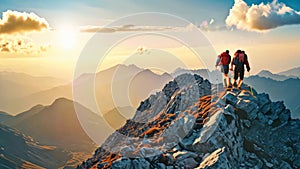 Two Hikers Ascending a Steep Mountain Trail, Picture of two hikers, one standing firm, the other struggling, to conquer a mountain