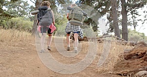 Two hikers with backpacks trek along a forest trail