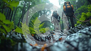 Two hikers exploring a verdant forest filled with plant life and towering trees