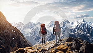 Two hikers with large backpacks are walking along a mountain ridge enjoying the view of the snow-capped mountains