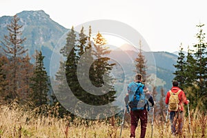 Two hikers out trekking in the hills