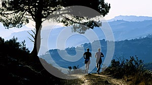 Two hikers pause for a water break on a winding mountain trail. toned legs and strong posture showcase the physical