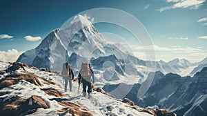Two hikers in snow-covered mountains in winter, generative ai