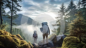 Two hikers traveling together in the mountains