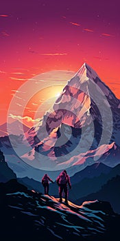 Vibrant And Realistic Mountain Illustration With Climbers At Sunset photo