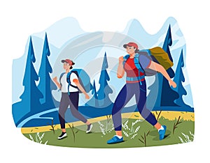 Two hikers trekking through mountainous forest landscape. Female male cartoon characters
