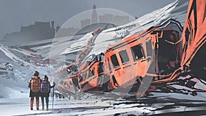 Two hikers walking through a train wrecked