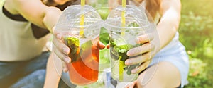 Two hipster girls are laughing and drinking summer cocktails outdoors in the green grass. Cold non-alcoholic drinks with ice to go