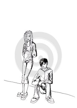 Two hipsters on the street. The guy sat down and smokes and his girlfriend is standing nearby. Black ink drawing.
