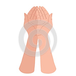 Two holding hands. Support, protection and save concept. Vector flat design in cartoon style.