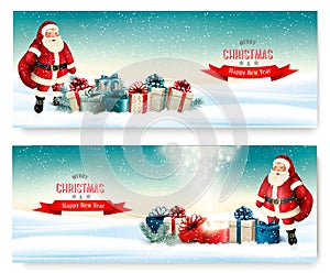 Two Holiday Christmas banners with a gift boxes