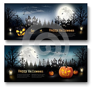 Two Holiday Halloween Banners with Pumpkins and Moon.