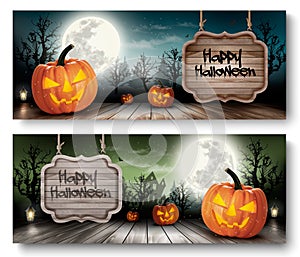 Two Holiday Halloween Banners with Wooden Sign.