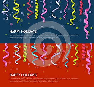 Two holidays banners with colorful streamers and