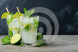 Two homemade lemonade or mojito cocktail with lime, mint and ice cubes in a glass on a dark stone table. Fresh summer