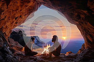 Two Homo sapiens around a wood fire at the entrance of a cave photo