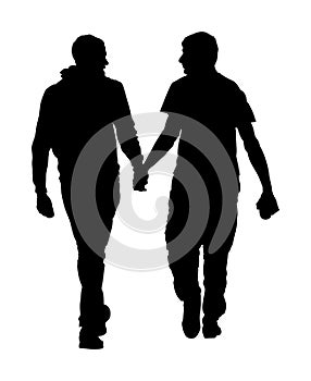 Two homosexual boys walking and hand holding silhouette illustration. Handsome gay couple tenderness in public.