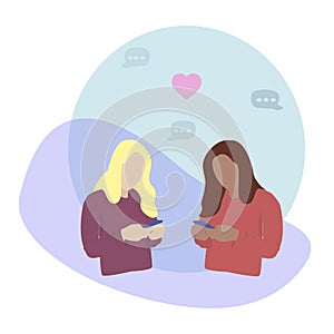 Two homosexual women of different race looking at their phones, sending messages. Concept of finding a date through social media