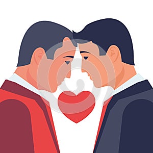 Two homosexuals bowed heads in a kiss. Same-sex marriage