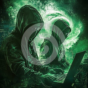 Two hooded figures using laptops in a dark green environment, representing cybercrime, hacking, and digital security