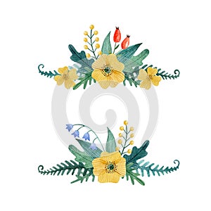 Two horisontal floral bouquets with yellow poppy, leaves, berries