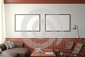Two horizontal blank posters mockup on white wall  in classic style interior of modern living room