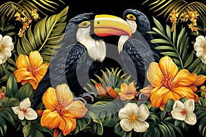 Two hornbills perched on a branch amid colorful tropical flowers and leaves