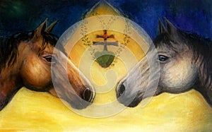 Two horse heads, beautiful detailed oil painting on canvas