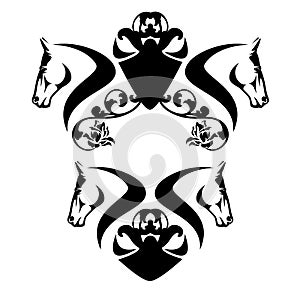 Two horse heads and heraldry emblem decor with rose flowers black vector design