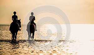 Two horse riders in the ocean at the sunset. Equestrian theme